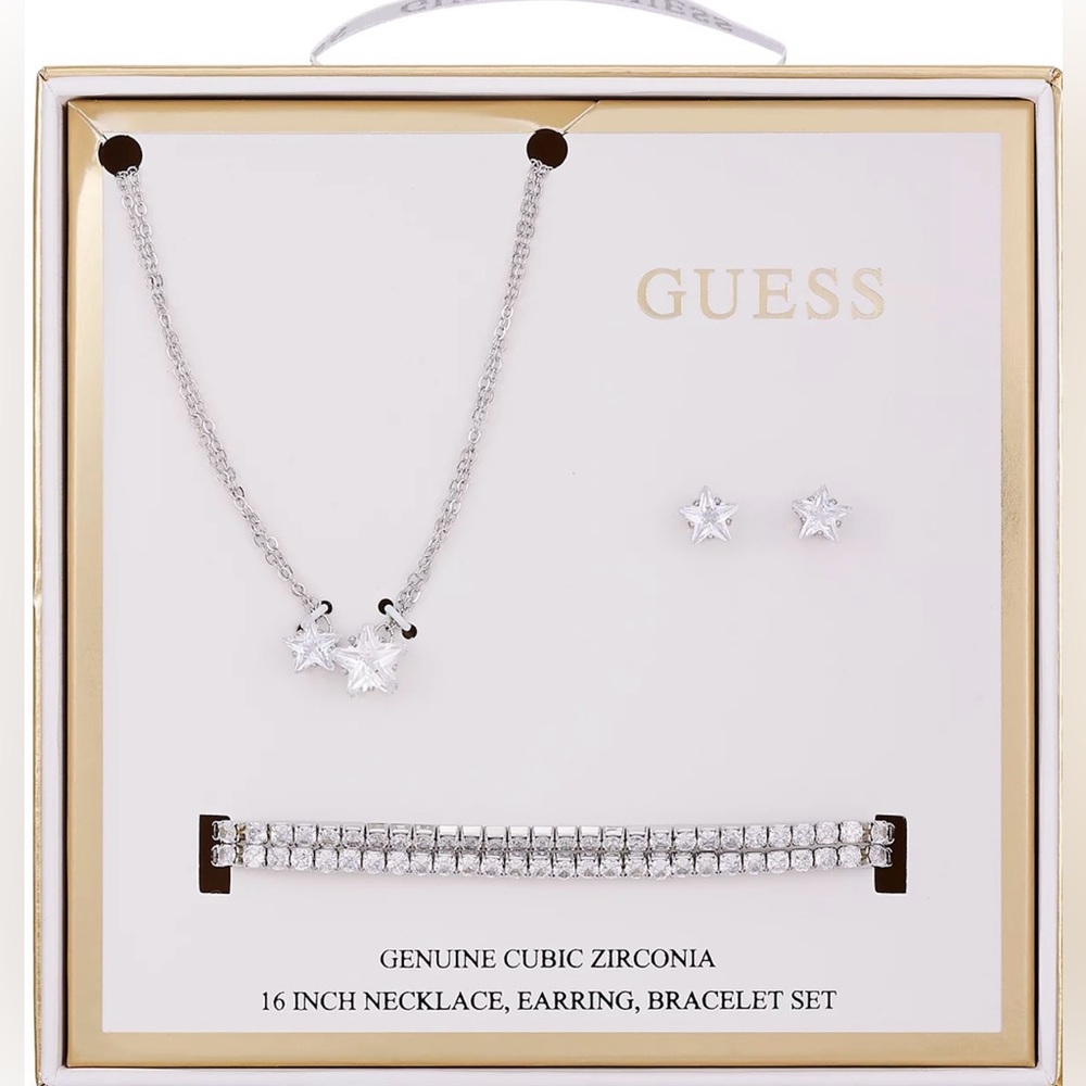 NWT Guess Cubic Zirconia Star Necklace, Double Stretch Bracelets & Stud Earrings
